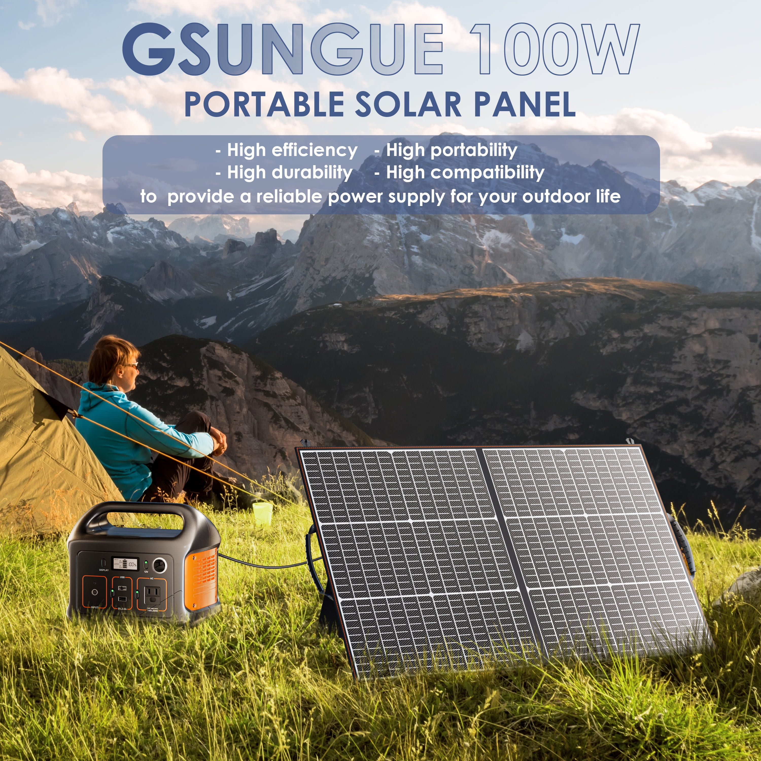 GSUNGUE 100 Watt Foldable Solar Panel Portable for Power Station, High Efficiency 24.5% with USB Outputs, Compatible with Waterproof for Camping RV Van Emergency Backup
