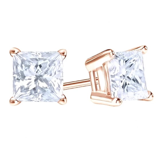 14k Rose Gold Push Back Princess Created White Sapphire Stud Earrings 4MM Plated by Paris Jewelry
