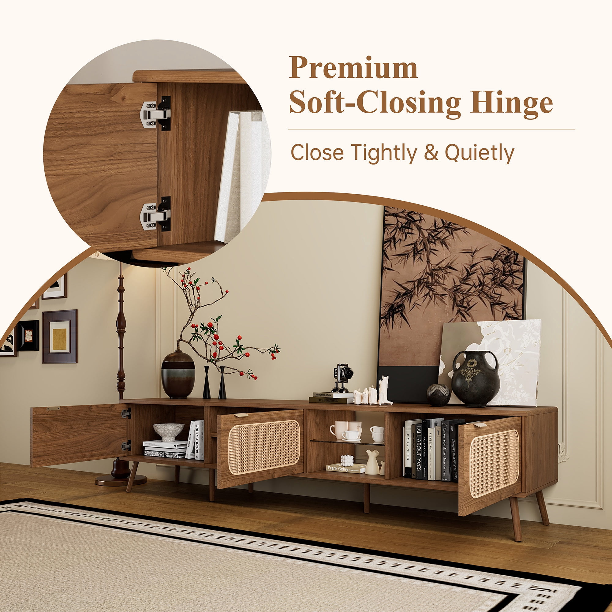 TV Stand for TVs up to 85 Inch, Entertainment Center with Rattan Doors & Glass Open Shelves, Media Console for Living Room