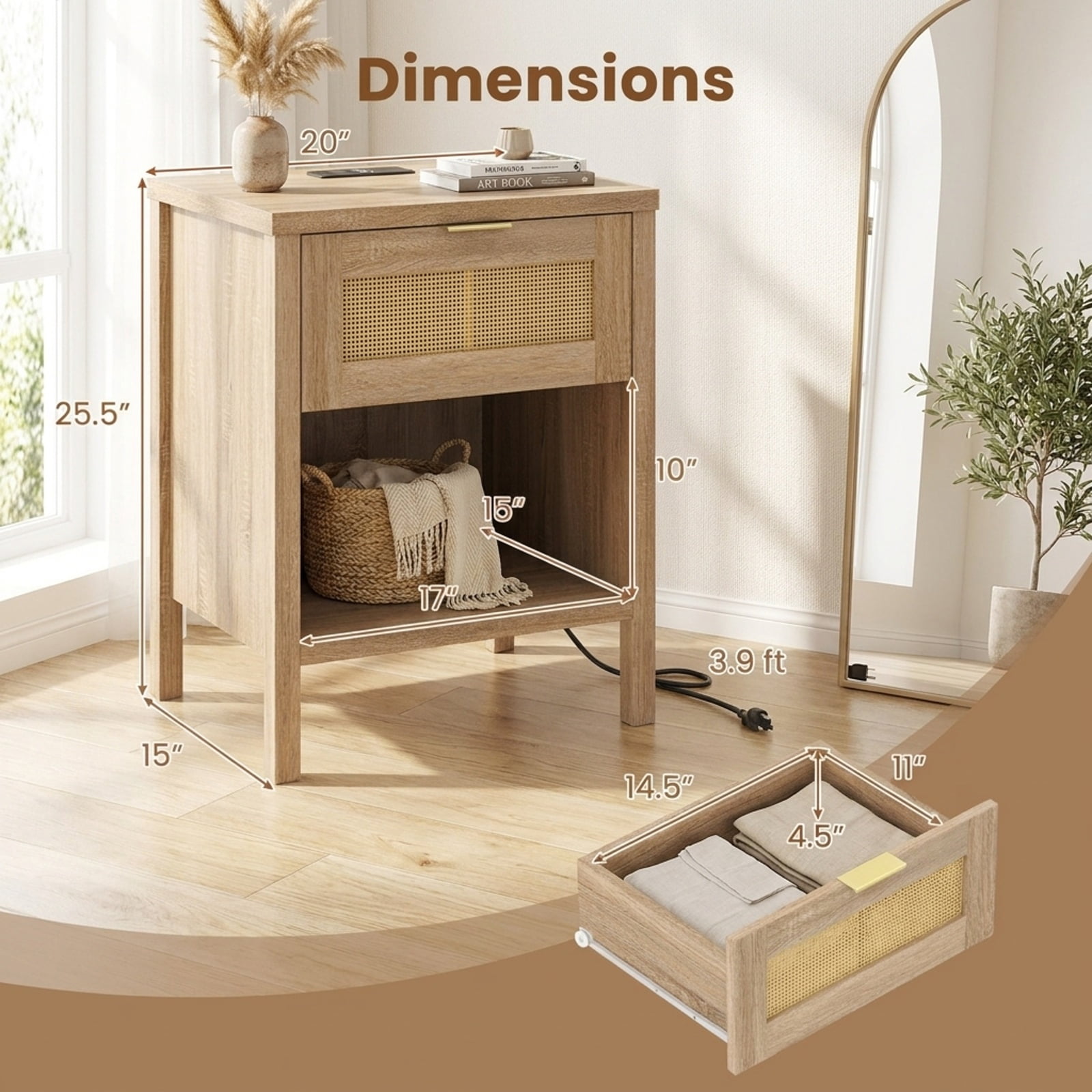 Furnibear Rattan Nightstand with Charging Station and Storage Shelf for Bedroom for Bedroom Living Room Bedside Sofa Side Small Space, Oak