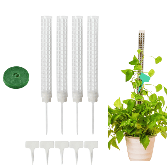 4Pcs 9.8in Plastic Moss Pole for Plants Monstera, with 1 roll and 5 tips for Climbing Plants, Plant Support for Indoor Plants