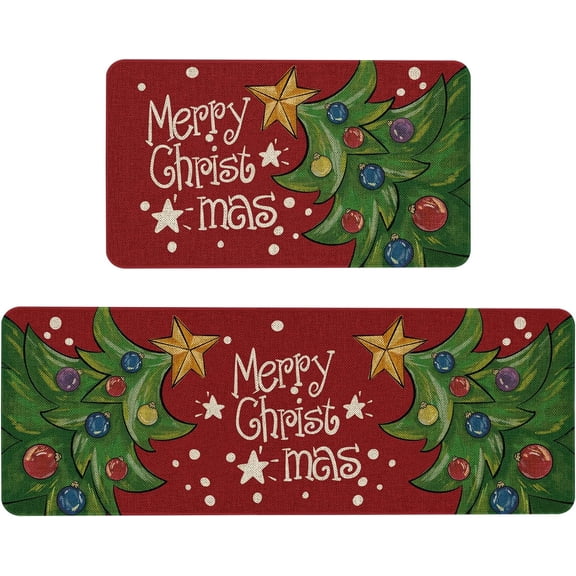 Merry Christmas Kitchen Mats Set of 2, Anti Fatigue Waterproof Stain Resistant Floor Rug Blue Christmas Decorative Non Slip Cushioned Floor Mat - 17x29 and 17x47 Inch