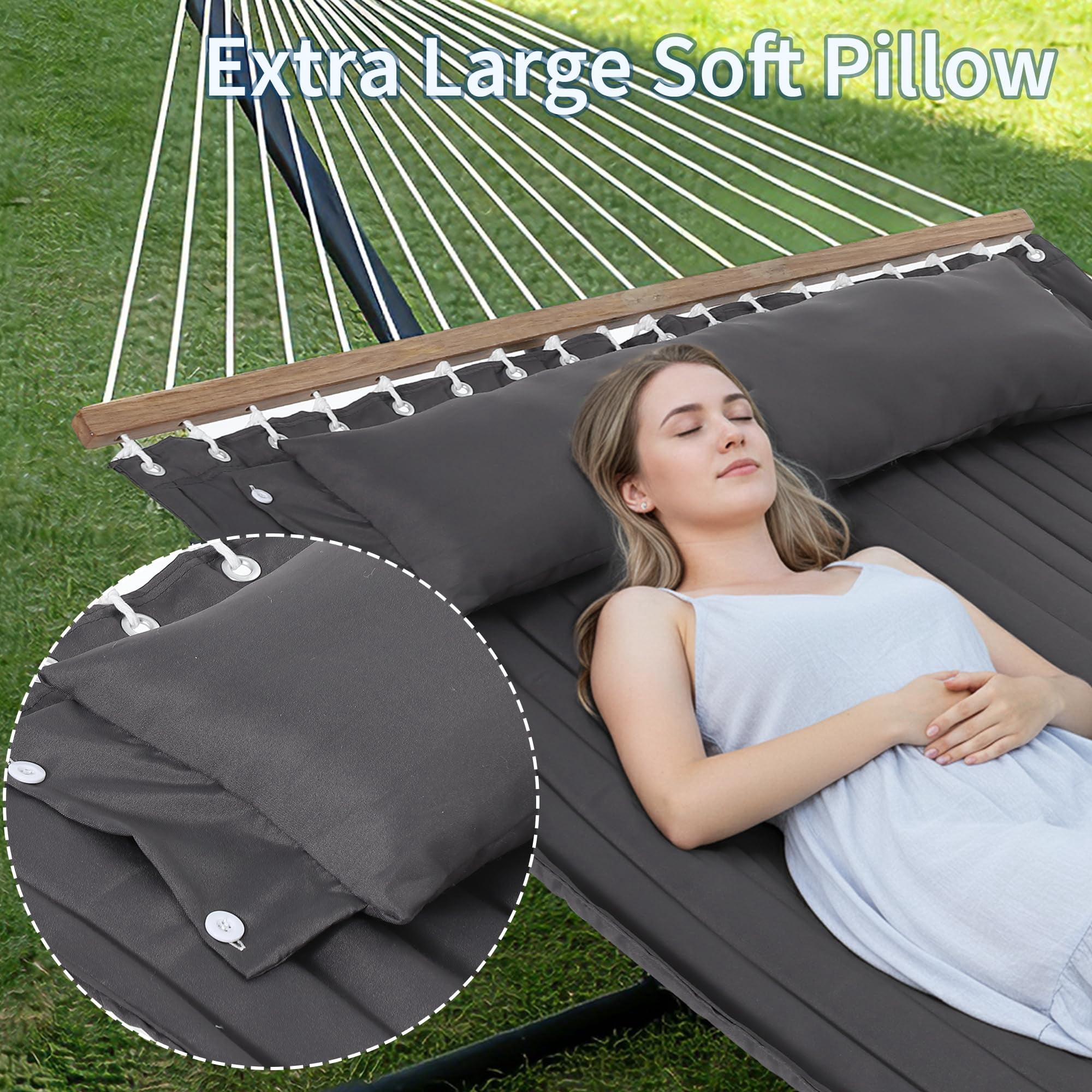 Accreate Double Hammock with Stand for 2 Person, Heavy Duty 475lb Capacity Outdoor Freestanding Hammock Bed with Steel Frame, Quilted Pillow & Carry Bag - Easy Assembly