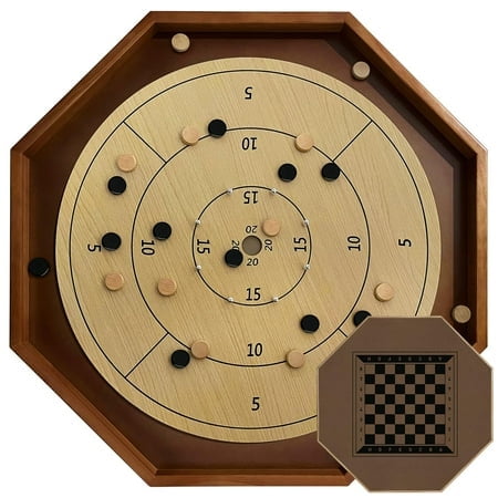30 Inch Tournament Crokinole Board Game, 2 in 1 Crokinole and Checkers with 26閳?Playing Surface, Metal Pegs, Wooden Octagon Canadian Tabletop Board Game Krokinole for Families and Friends