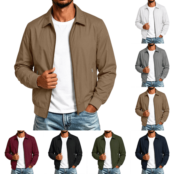 Men's Jacket Solid Color Long Sleeve Zip Up Lapel Jacket Lightweight Outdoor Hiking Casual Workwear Windbreaker