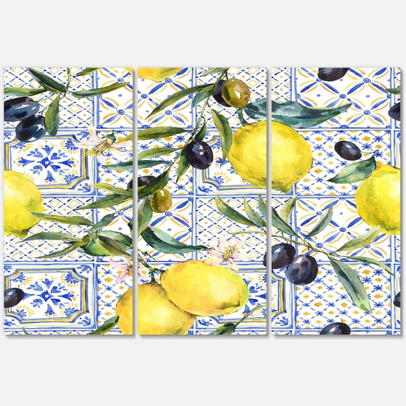 Designart ' Geometrical Pattern of Lemon Ornament On Blue III ' Tropical Canvas Wall Art Print