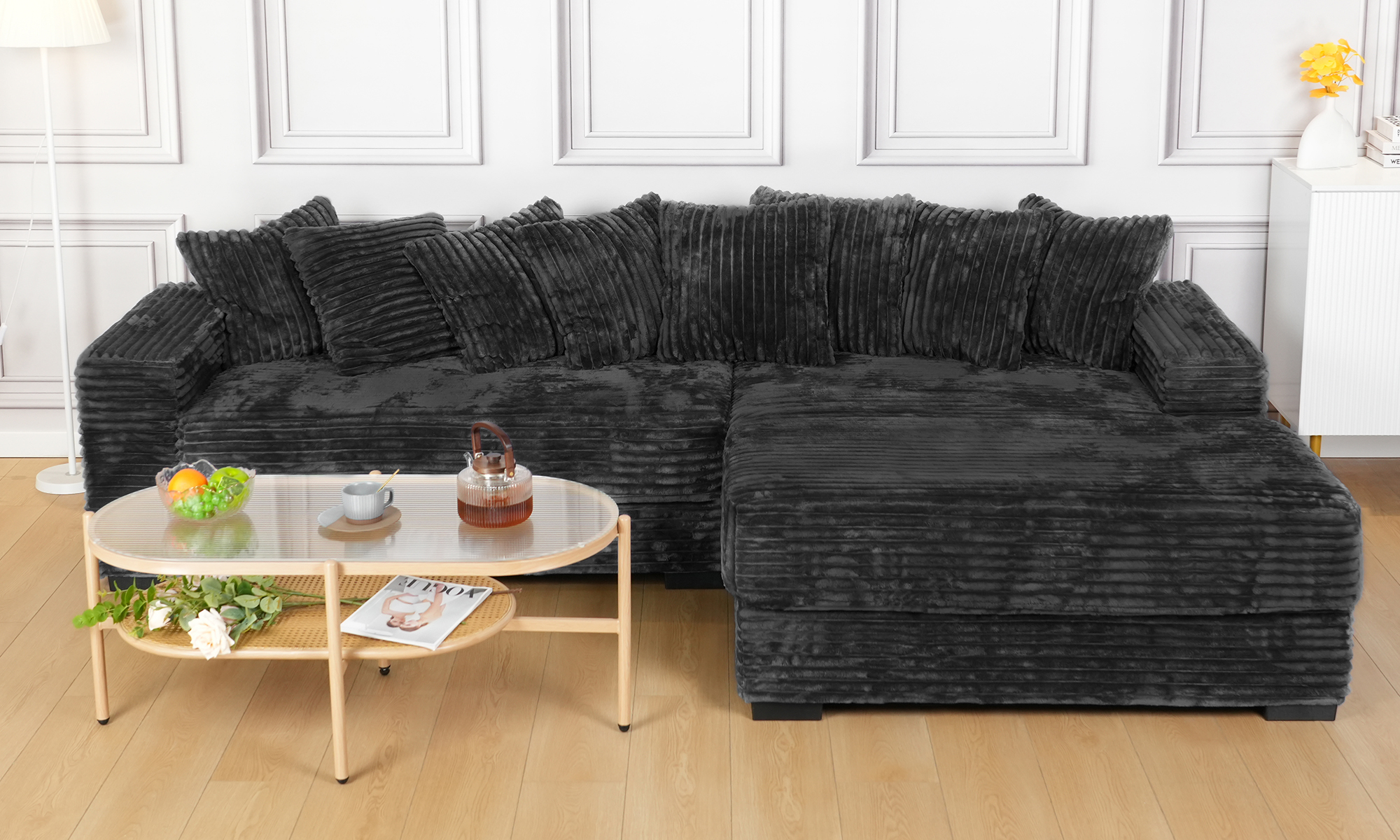 Advwin 110" Oversized L Shaped Sofa with Chaise, Comfy Plush 2-Piece L-Shaped Sectional Couches with 8 Pillows, Soft Fluffy Upholstered Sofa Bed for Living Room Apartment Bedroom, Black