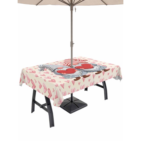 Outdoor Tablecloth with Umbrella Hole and Zipper, Valentine's Day Rectangle Table Cloth 60x84 Inch Waterproof Tablecloth, Watercolor Heart Gnomes Couple Love Pink Picnic Table Cover for Patio Camping