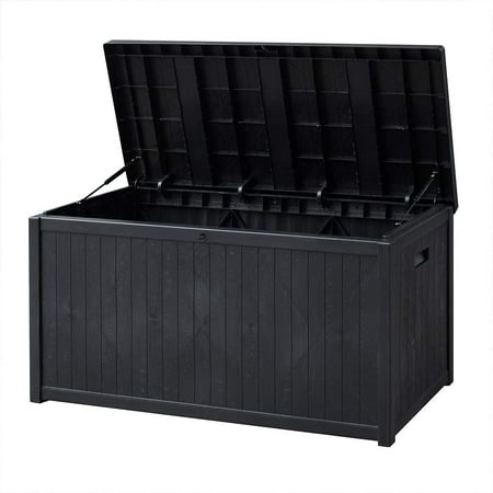 Sunvivi 120 Gallon Outdoor Deck Storage Box Patio Resin Storage Bin Outdoor Cushion Storage Wooden-Like (Black)