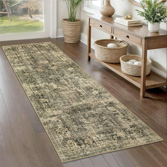 2x6 Runner Rug Washable Non-Slip Vintage Area Rug Hallway Bedroom Living Room Kitchen Soft Floor Runner Stain-Resistant Low Pile Laundry Room Green