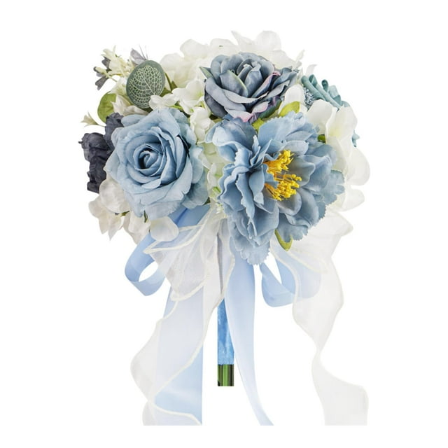 Ramo de novia para novia, ramo de novia con cintas, elegantes flores artificiales. Azul Blanco