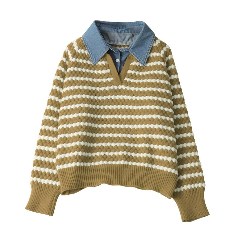 Womens Striped Sweater Knit Lapel Collar Long Sleeve Layered Pull