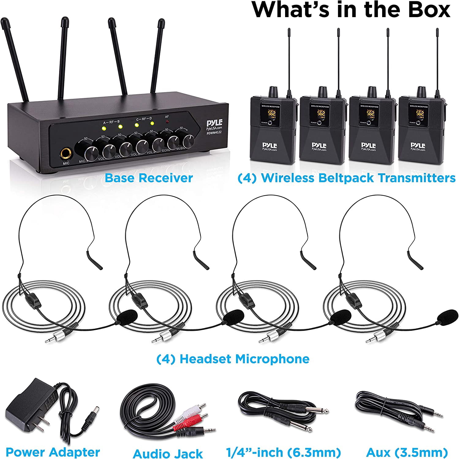 Pyle Portable Wireless Microphone System Battery Operated Four Bluetooth Cordless Microphone Set