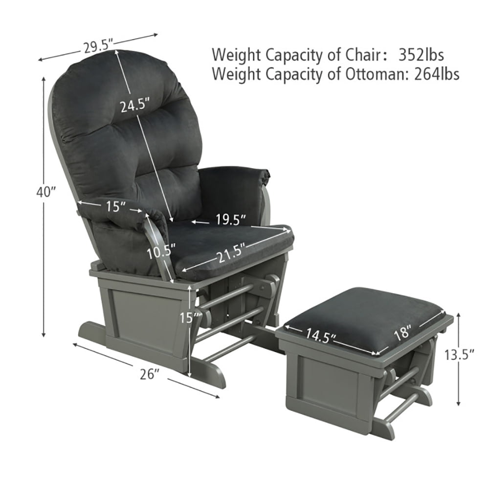 Finihen Upholstered Glider and Nursing Ottoman, Comfort Rocking Nursery Chair with Ottoman, Wood Baby Glider and Ottoman Cushion Set with Padded Armrests for Nursing, Gray