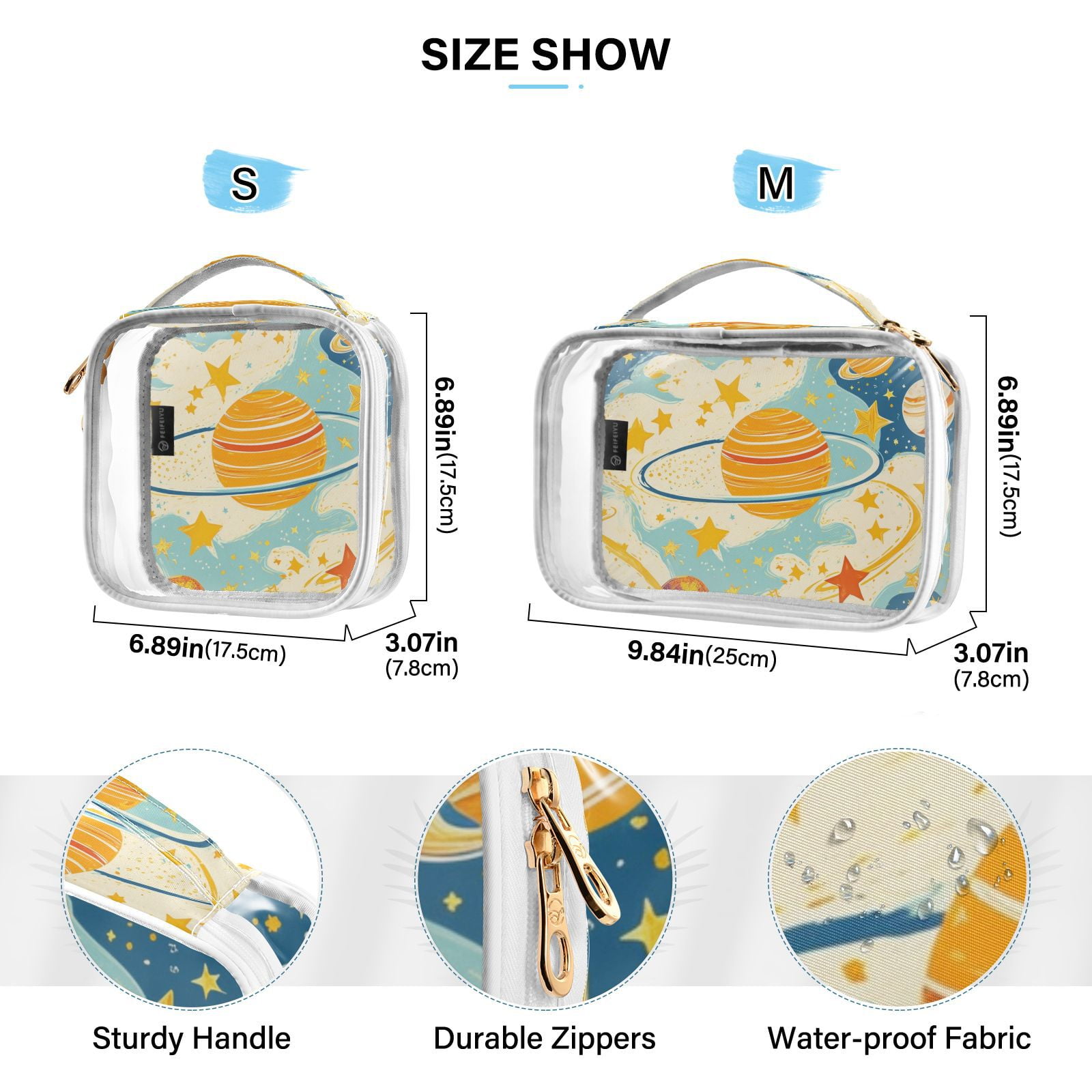 Clear Makeup Bags with Handle Large Opening 2 Pack Set Toiletry Bag Quart Size Bag, for Women Man Traveling Travel Essentials, Toiletries and Other. Planet Sketch