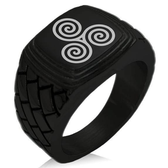 Stainless Steel Celtic Triskele Triskelion Triple Spiral Geometric Pattern Step-Down Biker Style Polished Ring