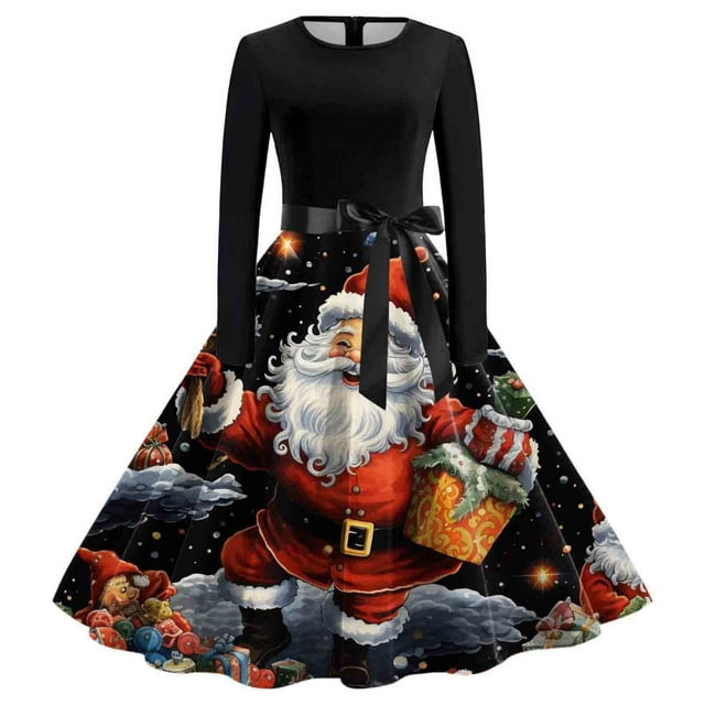 2025 Robe Vintage Longue Grande Taille pour Femmes Manche Col Rond Noël Robes pour Femmes Été Ménagère Soirée Fête Bal Tenue de Bureau Décontractée Robe pour Femmes Fête Plage
