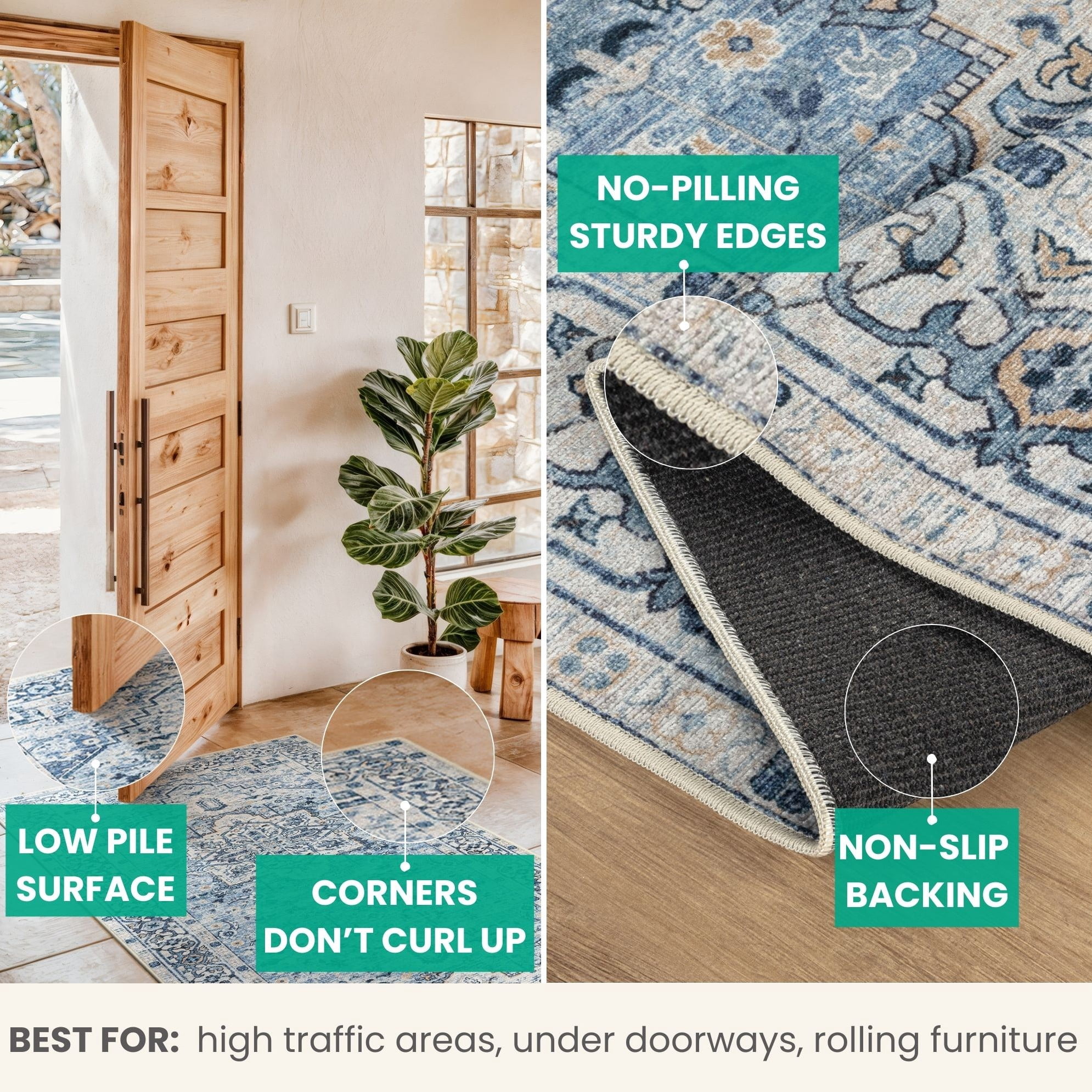 Bloom Rugs Washable Non-Slip 2x3 Rug - Blue Traditional Oriental Area Rug for Living Room, Bedroom, Dining Room, and Kitchen - Exact size: 2' x 3'