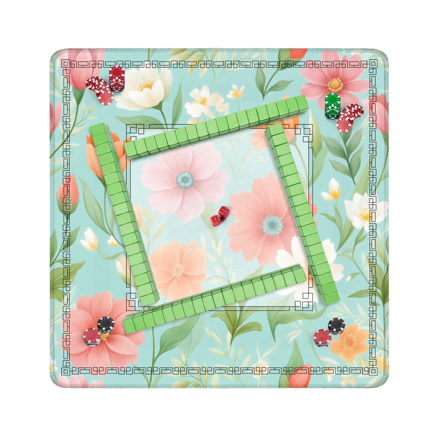 Mahjong Mat 31.5" x 31.5" Seamless Watercolor Floral Pastel Flowers Turquoise Non-Slip Noise Reduction American Mahjong Tiles Table Cover for Dominoes Poker Card Board Games Gift