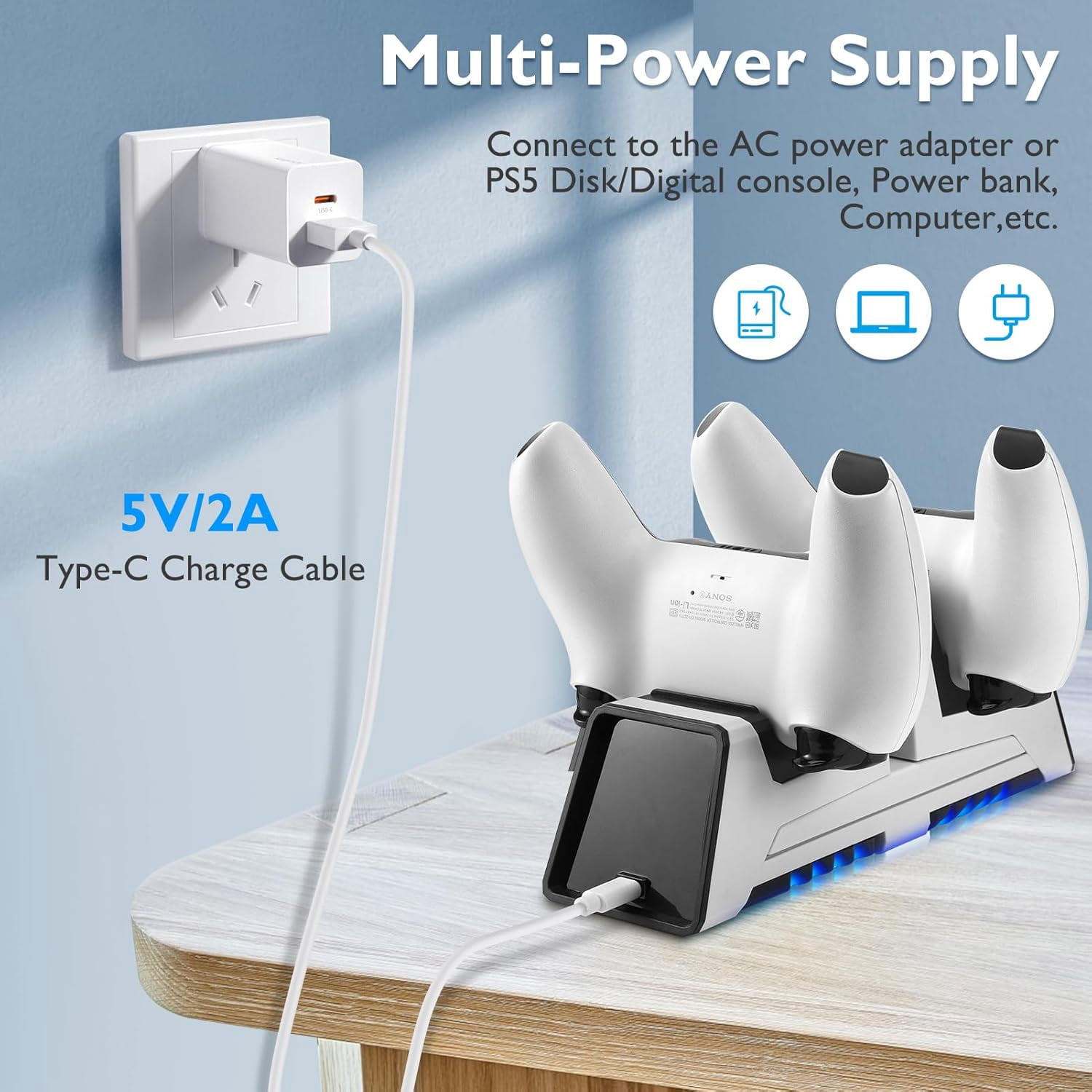 3 in 1 Controller Charging Station for PS VR2 / PS5 / PS5 Edge with 5V/3A Adapter & Led Light, Wireless Controller Charger Dock for Playstation 5, Charging Stand with VR2 Headset Holder