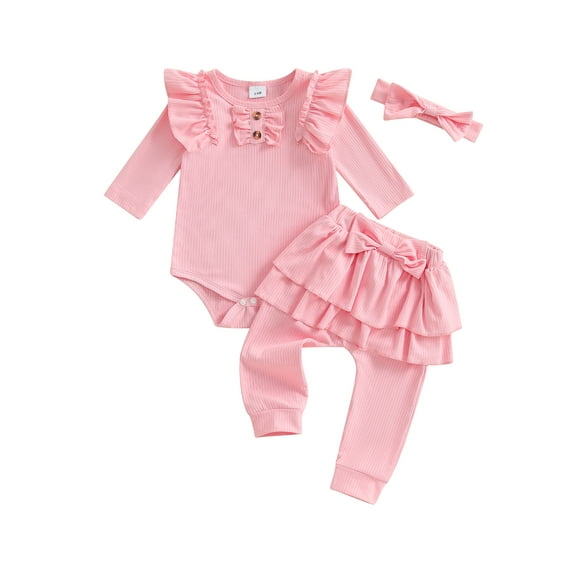 aturustex Toddler Baby Girls 3Pcs Rompers Outfits 1M-18M Infant Ribbed Solid Bodysuits Crew Neck Romper Long Sleeve Jumpsuits with Elastic Skirt Pantspring Fall Clothes Set for Holiday Party