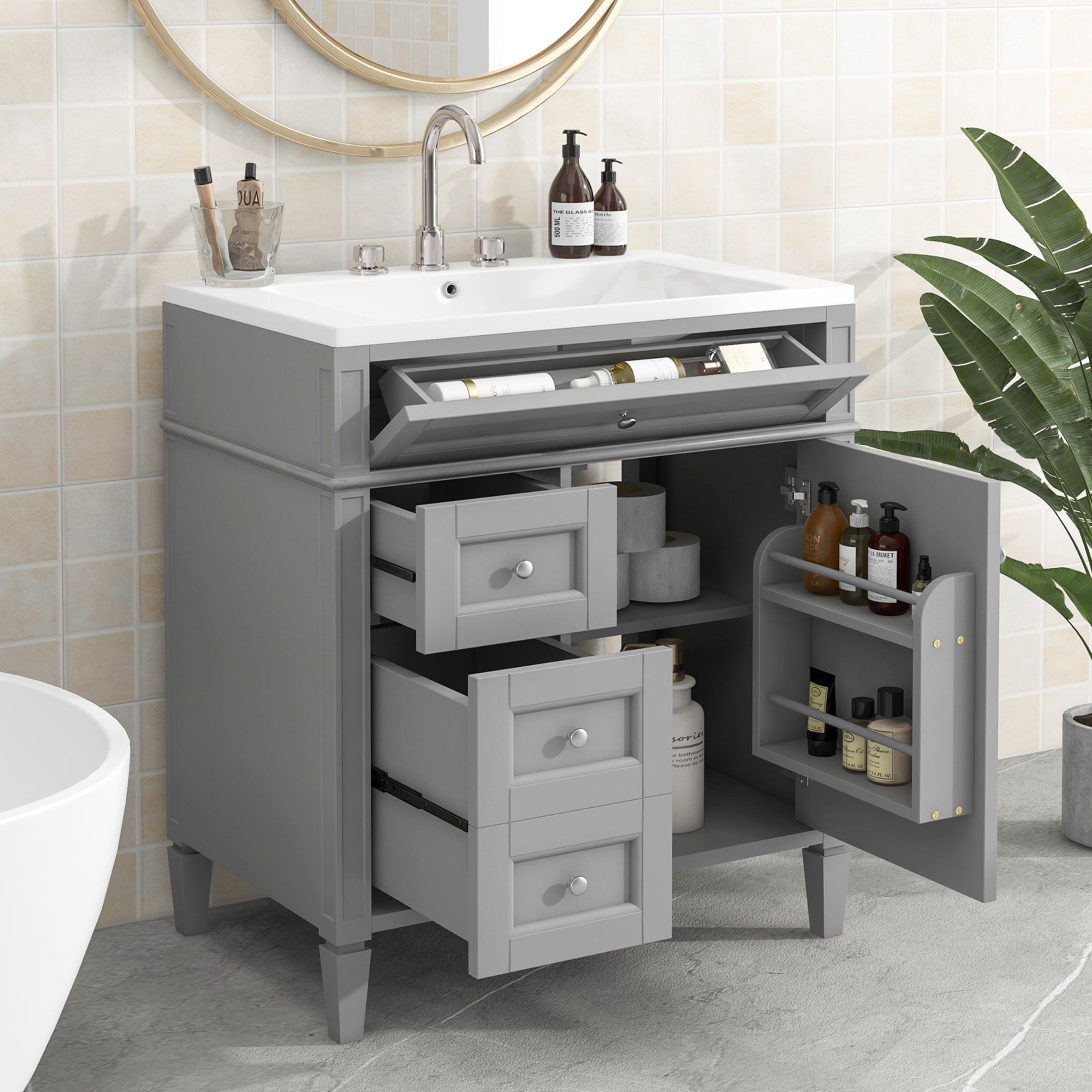 Harper & Bright Designs 30'' Bathroom Vanity with Sink and 2 Drawers and a Tip-out Drawer, Single Sink Bathroom Vanity Cabinet with Door and Adjustable Shelf, Gray