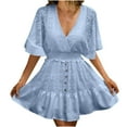 thumbnail image 2 of Robe en Dentelle pour Femmes Été, Robe Midi à Manches Courtes Col en V avec Taille Élastique, Tissu Polyester Doux pour Tenue Décontractée et Rendez-Vous, 2 of 5