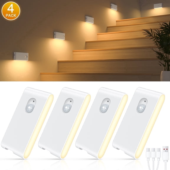 WILLED Rechargeable Motion Sensor Night Lights, Battery Powered LED Stair Lights Indoor, Warm White Motion Activated Stick-On Nightlights for Hallway, Bathroom, Bedroom, Kitchen, 4 Pack