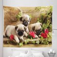 thumbnail image 1 of Pug Tapestry, Sibling Puppies with Floral Arrangement in Front Wooden Backdrop, Fabric Wall Hanging Decor for Bedroom Living Room Dorm, 5 Sizes, Fern Green Eggshell, by Ambesonne, 1 of 1