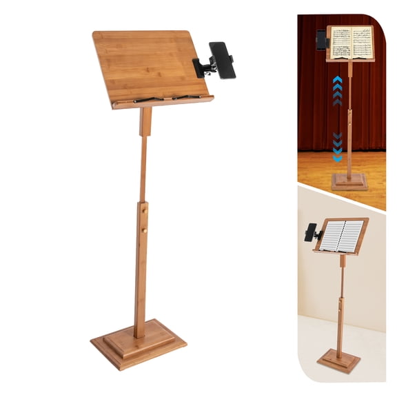 Bamboo Adjustable Music Stand with Phone Holder - Sheet Music & Laptop Stand for Guitar, Violin, Piano