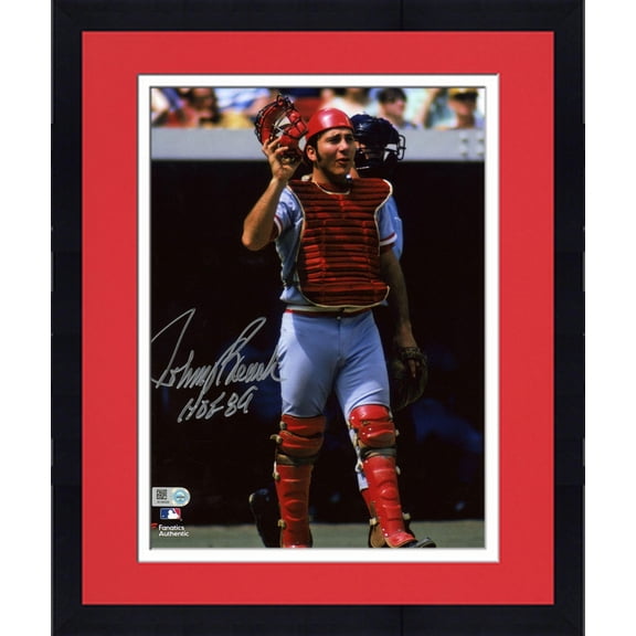 Framed Johnny Bench Cincinnati Reds Autographed 8" x 10" In Catchers Gear Photograph with HOF 89 Inscription