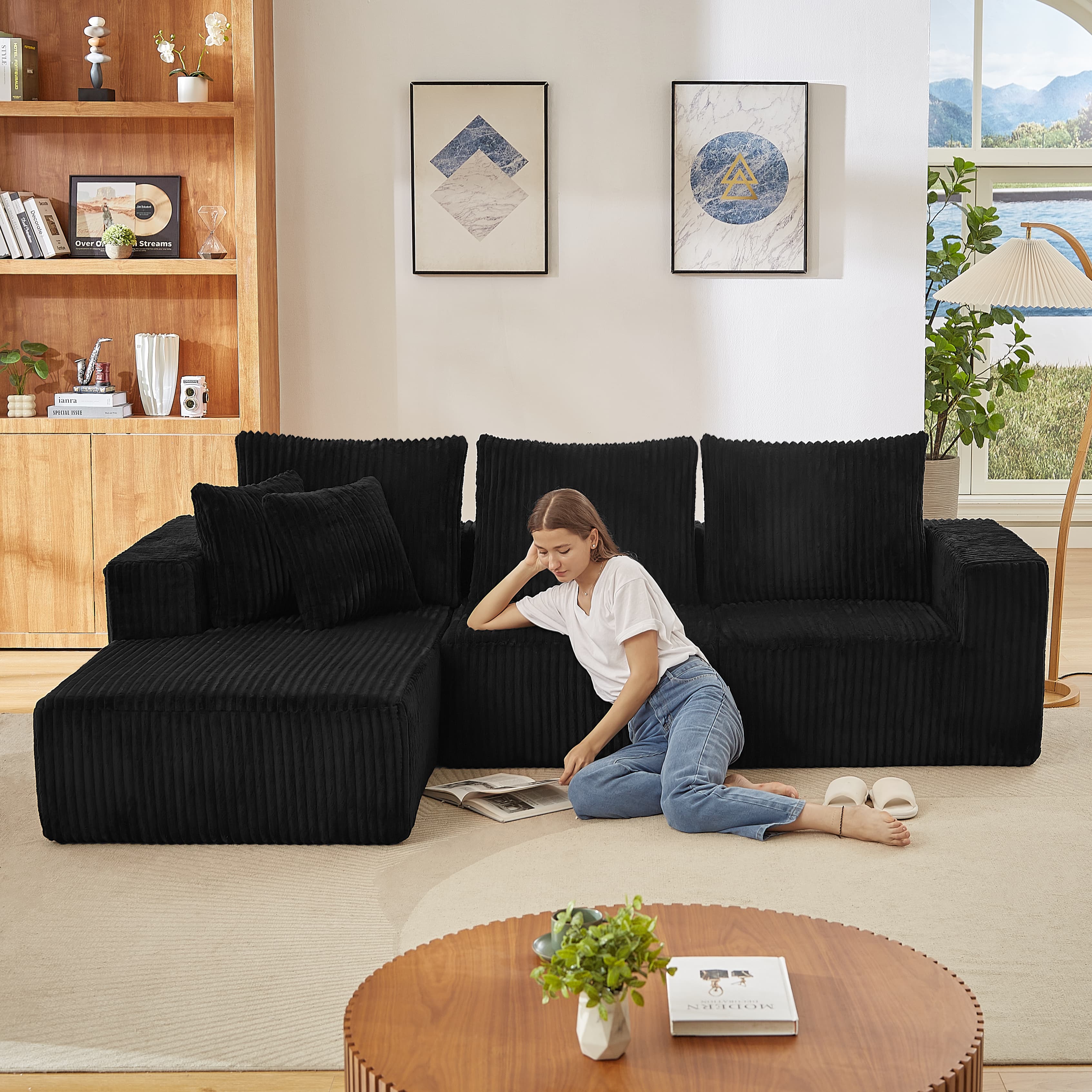 MAYEERTY Corduroy Cloud Sectional Sofa with Deep Seat, Modern Modular Couches for Living Room, 103*66*24"Black