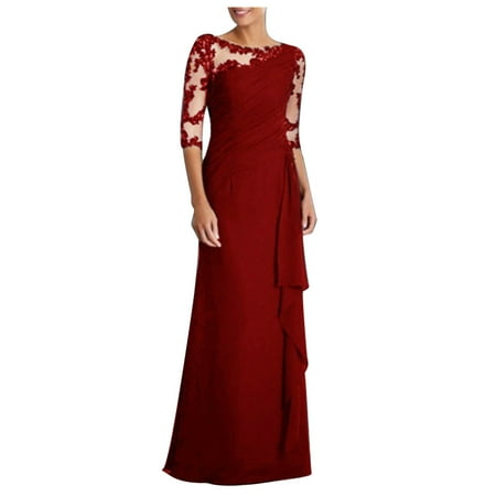 

Cocktail Dresses for Women Solid Round Neck Lace Short Sleeve Slim Tunic Party Long Dress