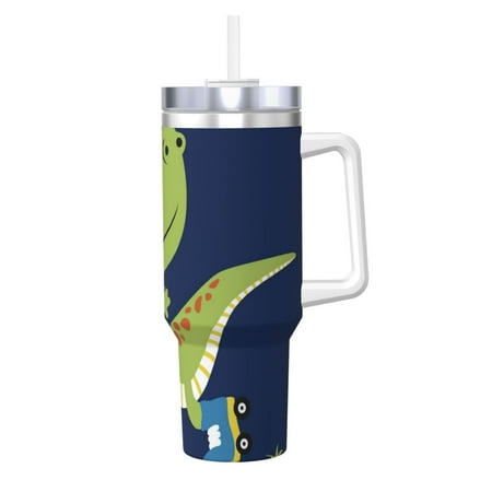 

Goofa Dino Playing Roller Skate Print 40oz Ice Bully With Handle And Straw Stainless Steel Vacuum Insulated Cup And 2 In 1 Straw Lid