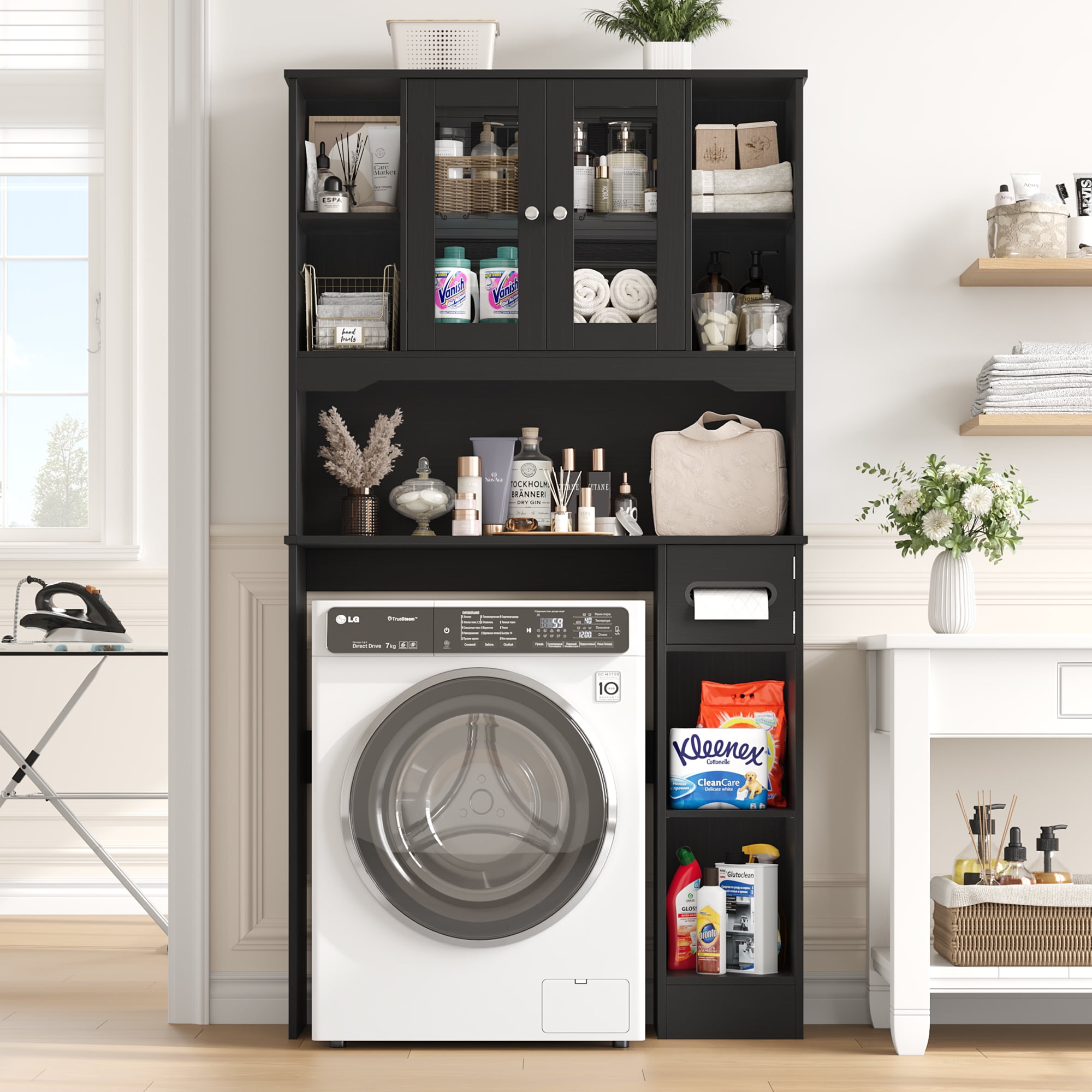 Homfa Over The Toilet Storage Cabinet with Toilet Paper Holder Stand, Above Toilet Organizer with Glass Doors, Behind Toilet Shelf for Restroom, Bathroom, Laundry, Black