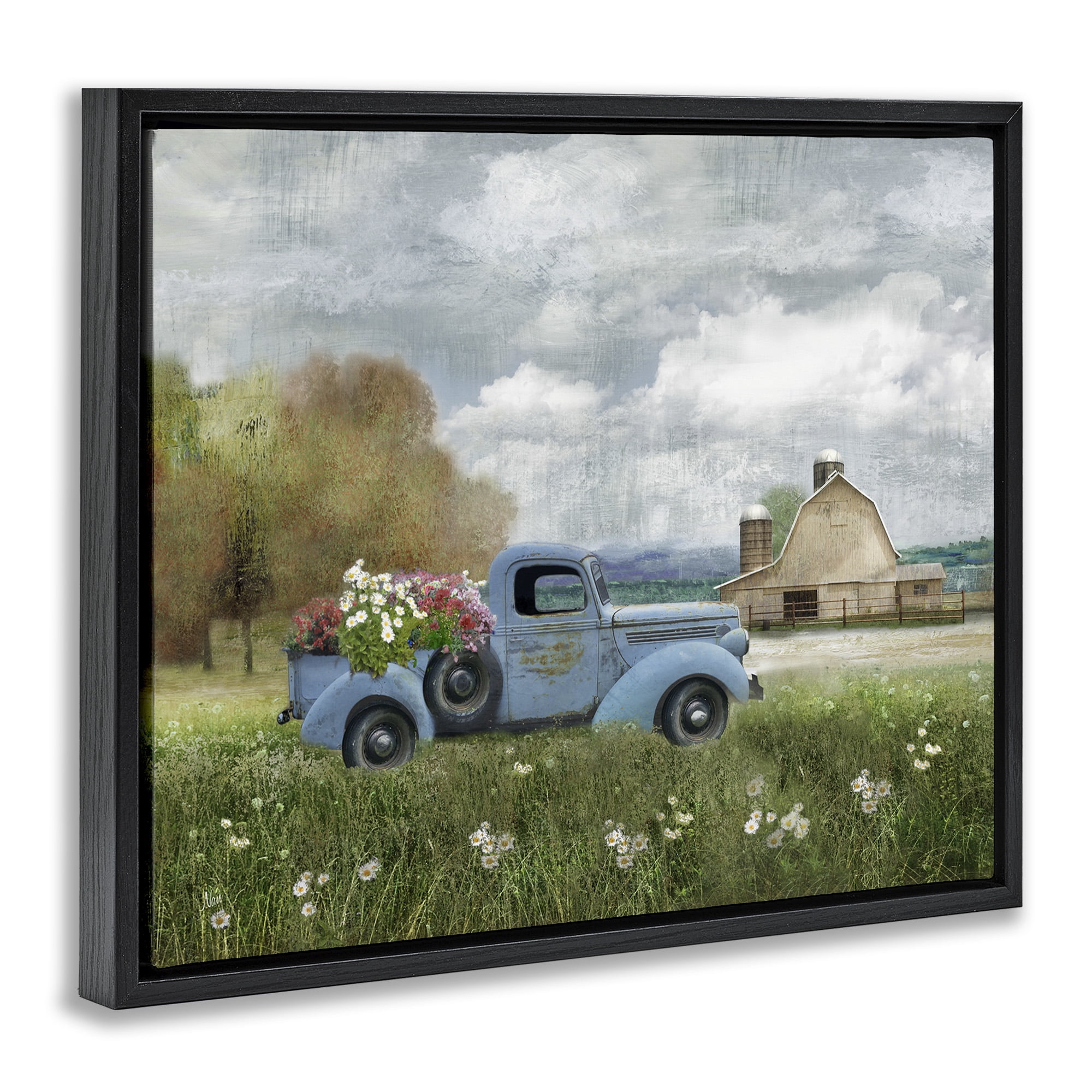 Stupell Industries Vintage Blue Truck in Meadow Landscape Painting Black Floater Framed Canvas Art Print Wall Art, 31 x 25