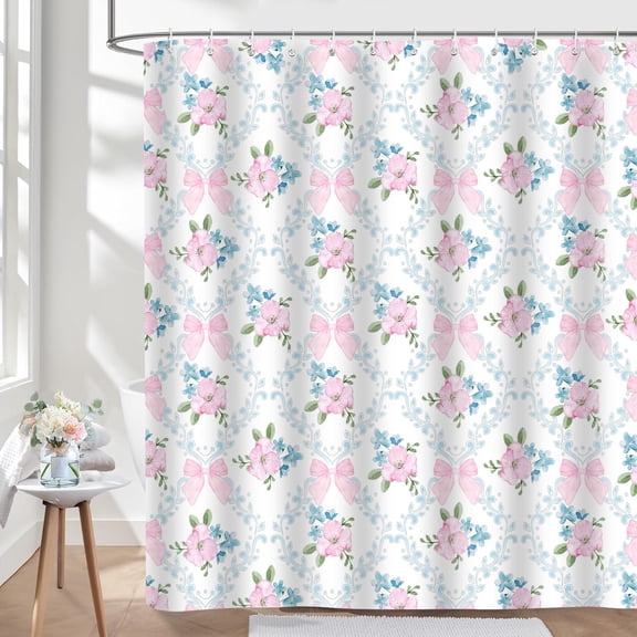 Pink Bow Shower Curtain Preppy Pink and Blue Floral Plaid Bowknot Shower Curtains for Bathroom Decor Polyester Cute Teen Girls Girly Bath Curtain Set with Hooks-48"W x 72"L (Pack of 1)