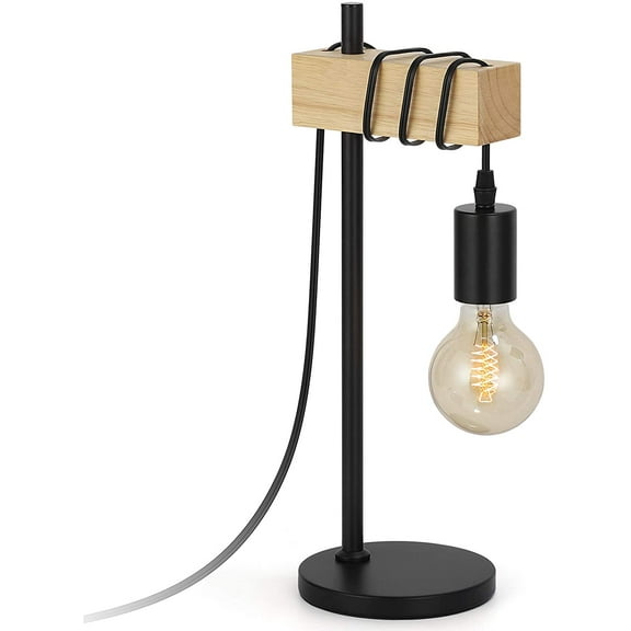 Industrial Desk Lamp, Vintage Edison Table Lamp with Solid Wood, Bedside Nightstand Lamp for Bedroom Office Living Room