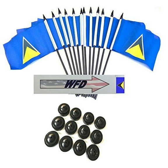Pack of 12 4"x6" St Lucia Polyester Miniature Office Desk & Little Table Flags, 1 Dozen 4"x 6" Saint Lucia Small Mini Handheld Waving Stick Flags with 12 Flag Bases (Flags with Stands)