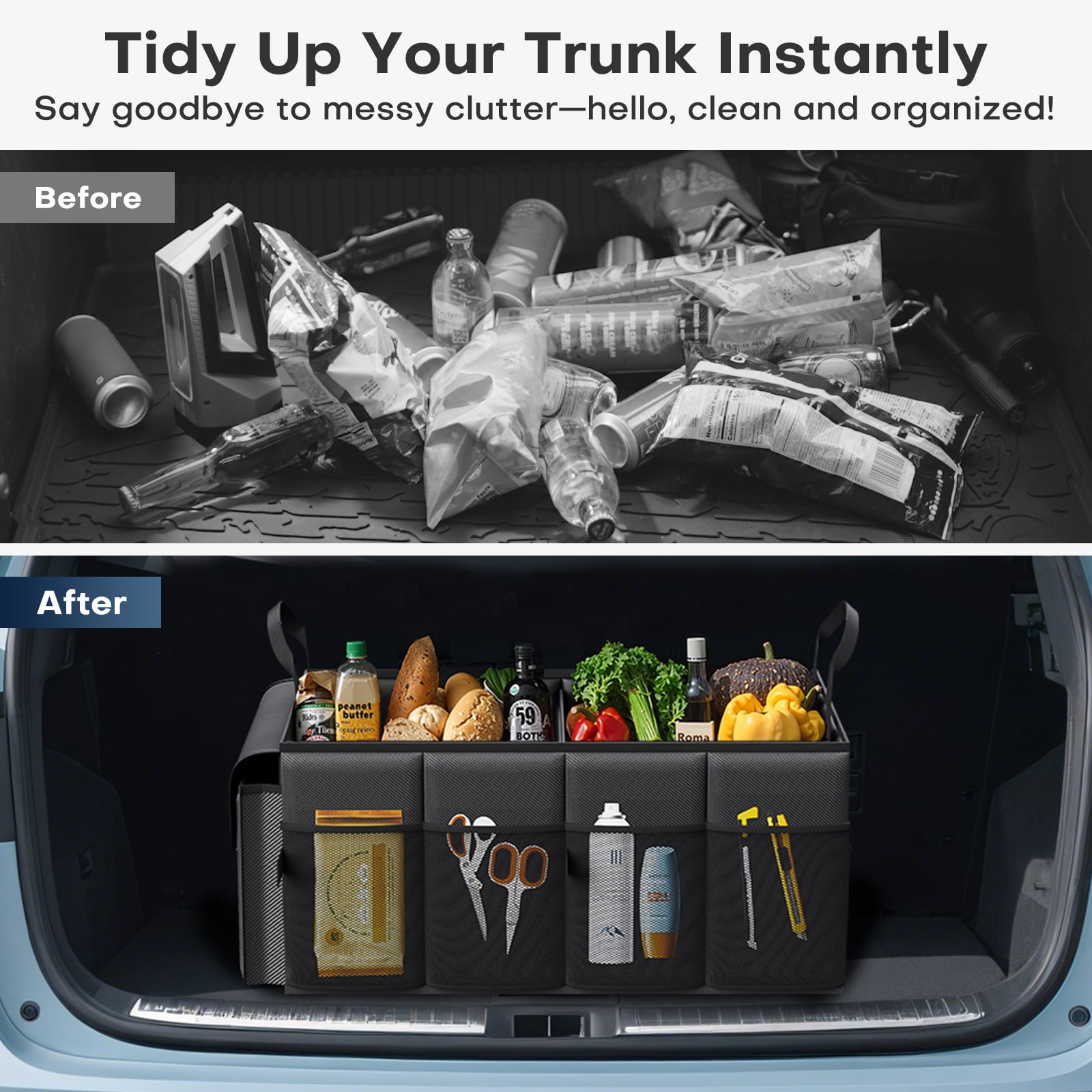 HOTOR Trunk Organizer for Car and SUV - Large-Capacity Car Organizer with Multiple Compartments, Foldable Car Organization for Car Accessories, Tools, Sundries, Black