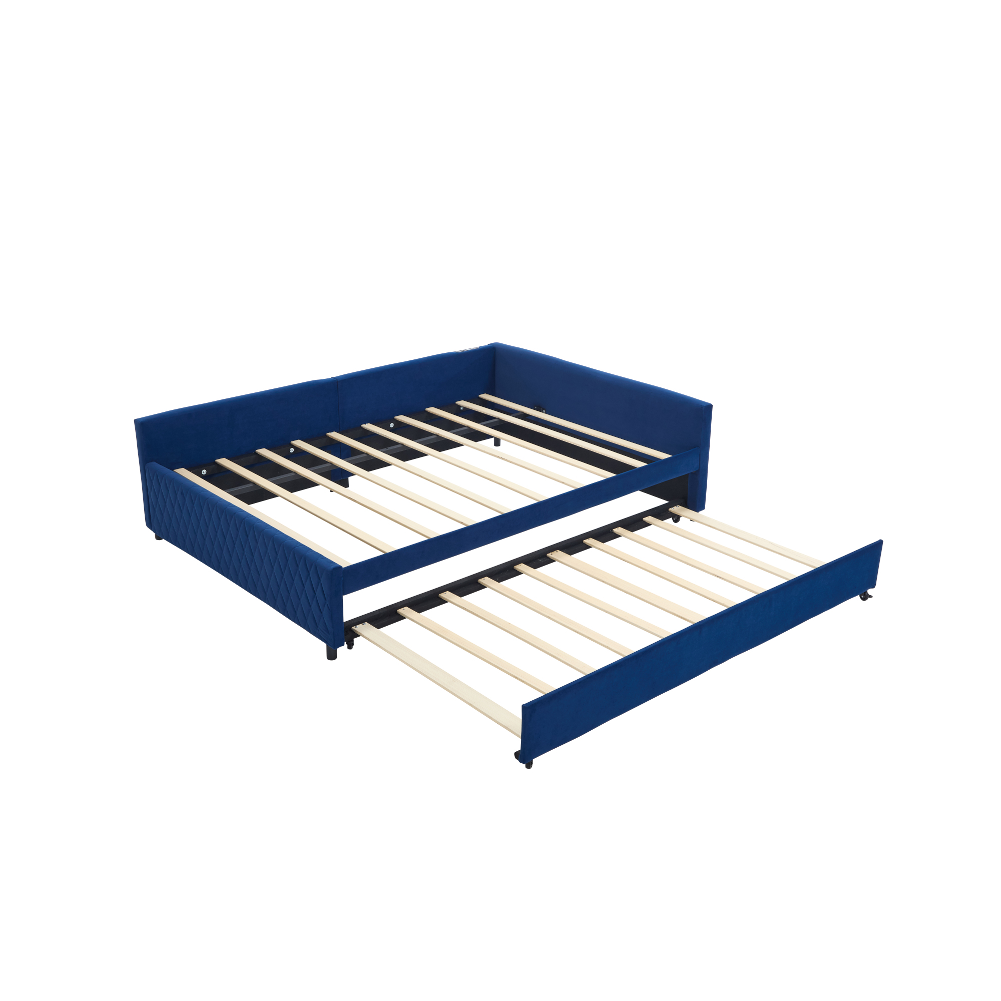 Leumius Upholstered Daybed with Trundle,Sturdy Wooden Bed Frame, Modern Diamond Grid Design for Bedroom Guest Room (Navy)