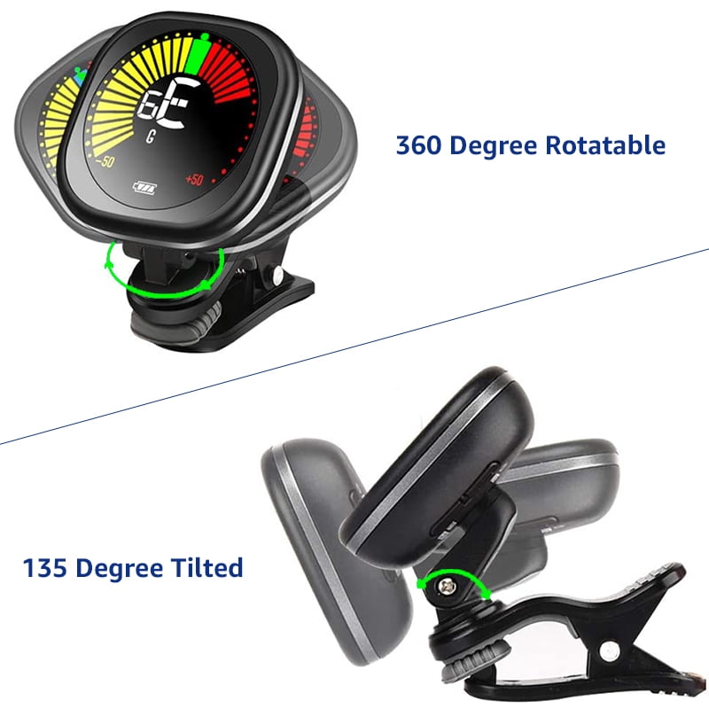 Guitar Tuner Rechargeable, Clip On Tuner with LCD Color Display with Guitar, Ukulele, Violin and Chromatic Tuning Modes, Tuners for Musical Instruments