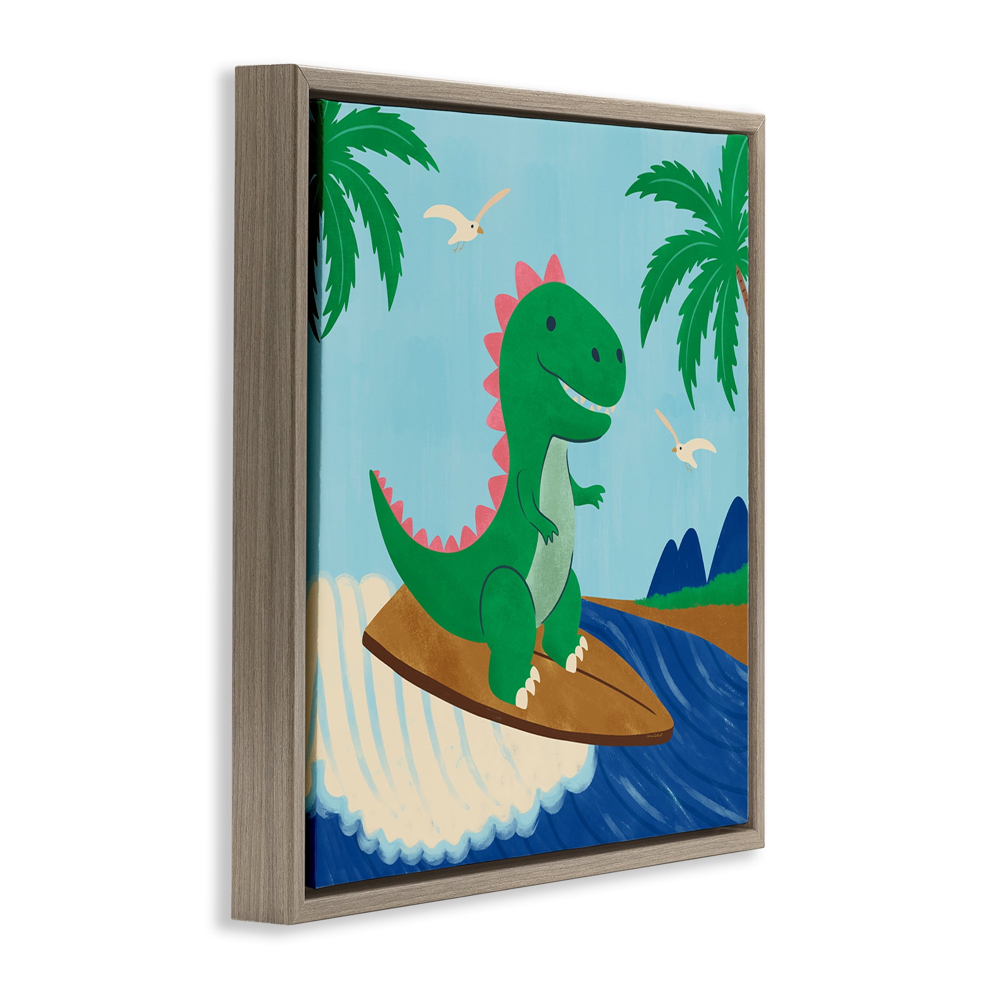 Stupell Industries Baby Surfing Dino Animals Painting Brown Floater Framed Canvas Art Print Wall Art, 18 x 18