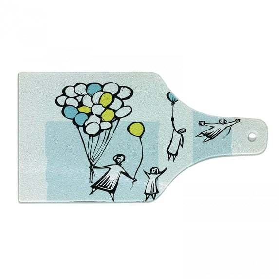 Doodle Cutting Board, Hand Drawn Children Flying Away to the Sky by Blue and Yellow Balloons, Decorative Tempered Glass Cutting and Serving Board, in 3 Sizes, by Ambesonne