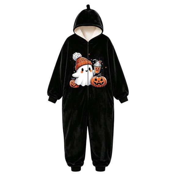 Tfken Halloween Jumpsuit For Girls Fall Winter Long Sleeve Ghost Pumpkin Graphic Zip Casual Fleece Hooded Jumpsuit Daily Wear Kids Classic Clothes Size 5-6 Years Black