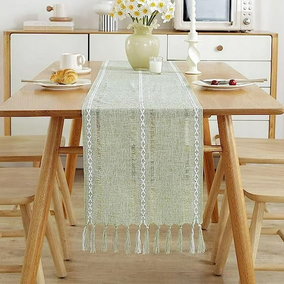 XmhyTop Table Runner, Rustic Farmhouse Table Runners with Tassels, Boho Cotton Linen Table Runner for Table Decorations, Holiday Party and Wedding, 108 Inches, Sage Green