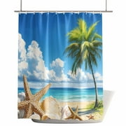 Shower Curtains for Bathroom-72"x72",Beach Starfish Palm Tree Waterproof Bath Curtain Grommet Shower Curtain Set with Hooks,Coastal Ocean Blue Sky Washable Bath Accessories
