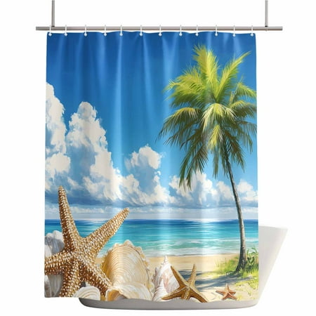Shower Curtains for Bathroom-72"x72",Beach Starfish Palm Tree Waterproof Bath Curtain Grommet Shower Curtain Set with Hooks,Coastal Ocean Blue Sky Washable Bath Accessories