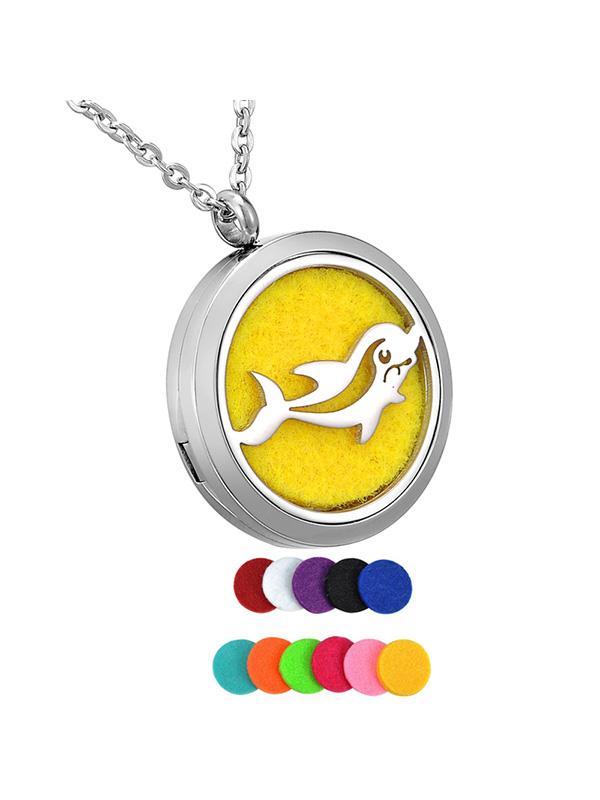 Happy Dolphin Round Aromatherapy Essential Oil Diffuser Locket Necklace by Valyria