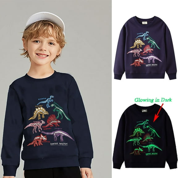 URMAGIC 2-7 Years Toddler Boy Crewneck Sweatshirt Glow in The Dark Dinosaur Shirts Long Sleeve Cartoon Solid Cotton Pullover Tops for Kids